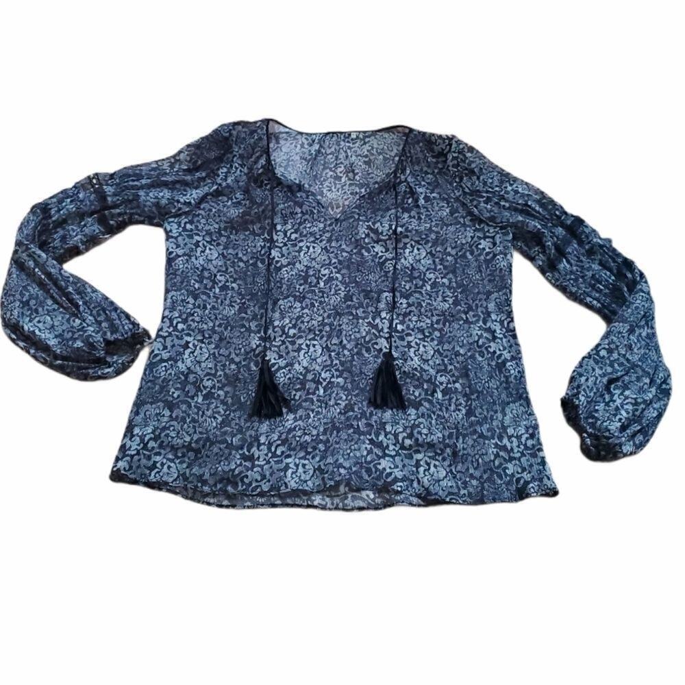 Elie Tahari Sheer Silk Peasant Tassel Blouse